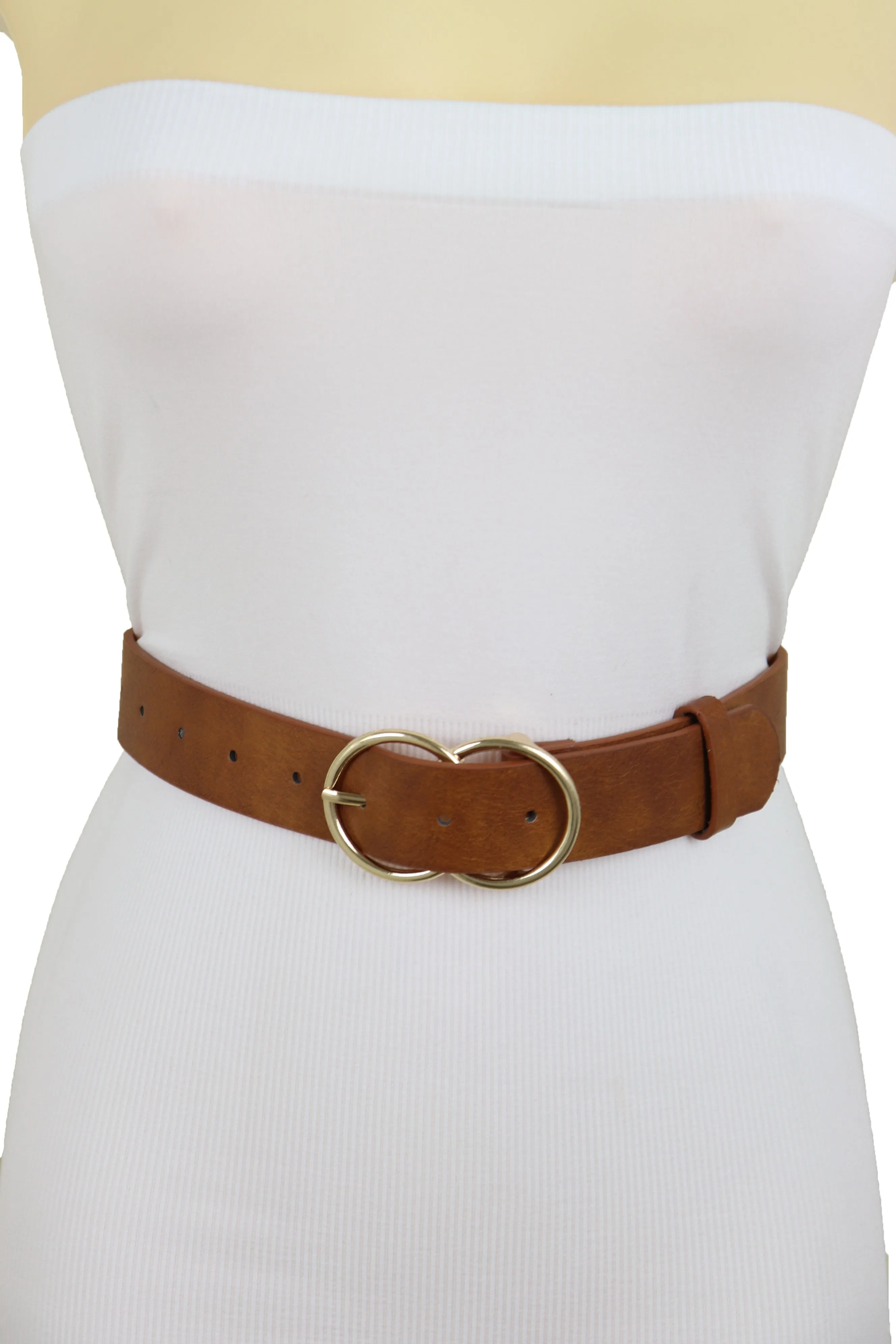 Brown Color Faux Leather Fashion Belt Hip Waist Gold Metal Buckle Size M L