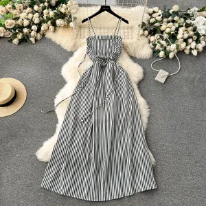 High-end Striped Pleated Slip Dress