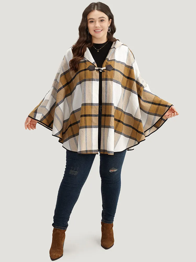 Plaid Duffle Button Hooded Cape Coat