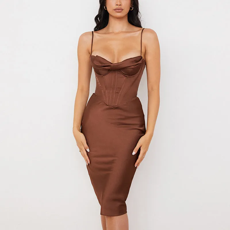 Women Sexy Supportive Pleated Collar Satin Slip Midi Dress SUM3609A